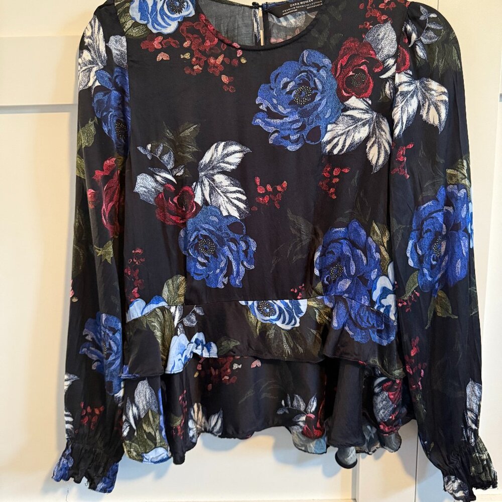 Zara Satin Floral Ruffle Hem Blouse